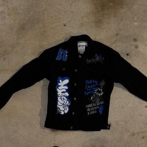 Black Denim Jacket with Blue and White Graphics